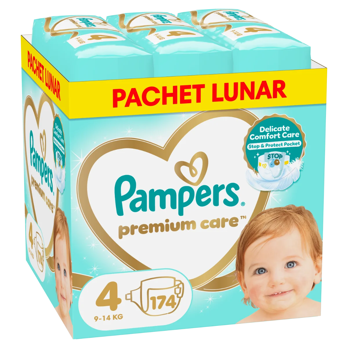 Scutece Premium Care XXL Marimea 4 pentru 9-14kg, 174 bucati, Pampers