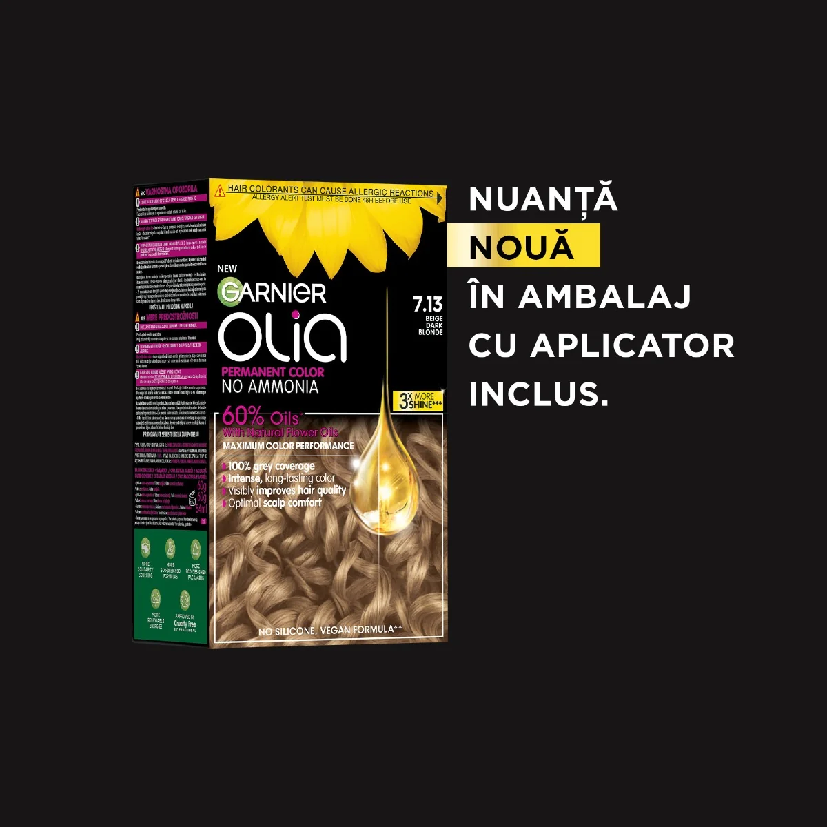 Vopsea de par permanenta fara amoniac 7.13 Beige Dark Blonde Olia, 174ml, Garnier