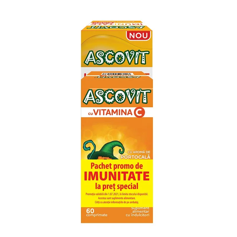 Pachet Sirop pentru imunitate Ascovit 150ml + Ascovit cu Vitamina C aroma de portocala 60 comprimate, Omega Pharma