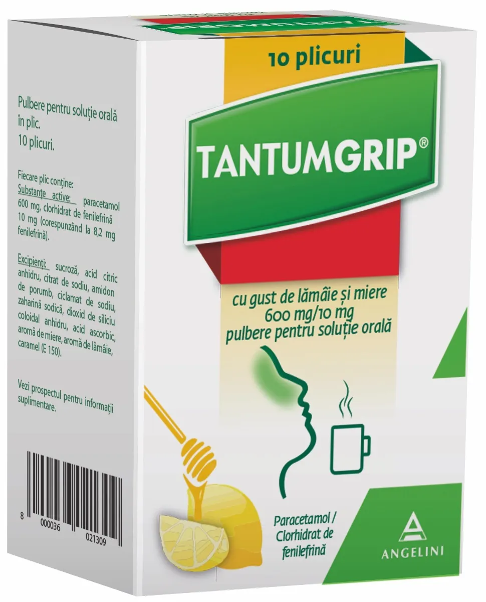 TantumGrip cu gust de lamaie si miere 600 mg/10 mg, 10 plicuri, Angelini