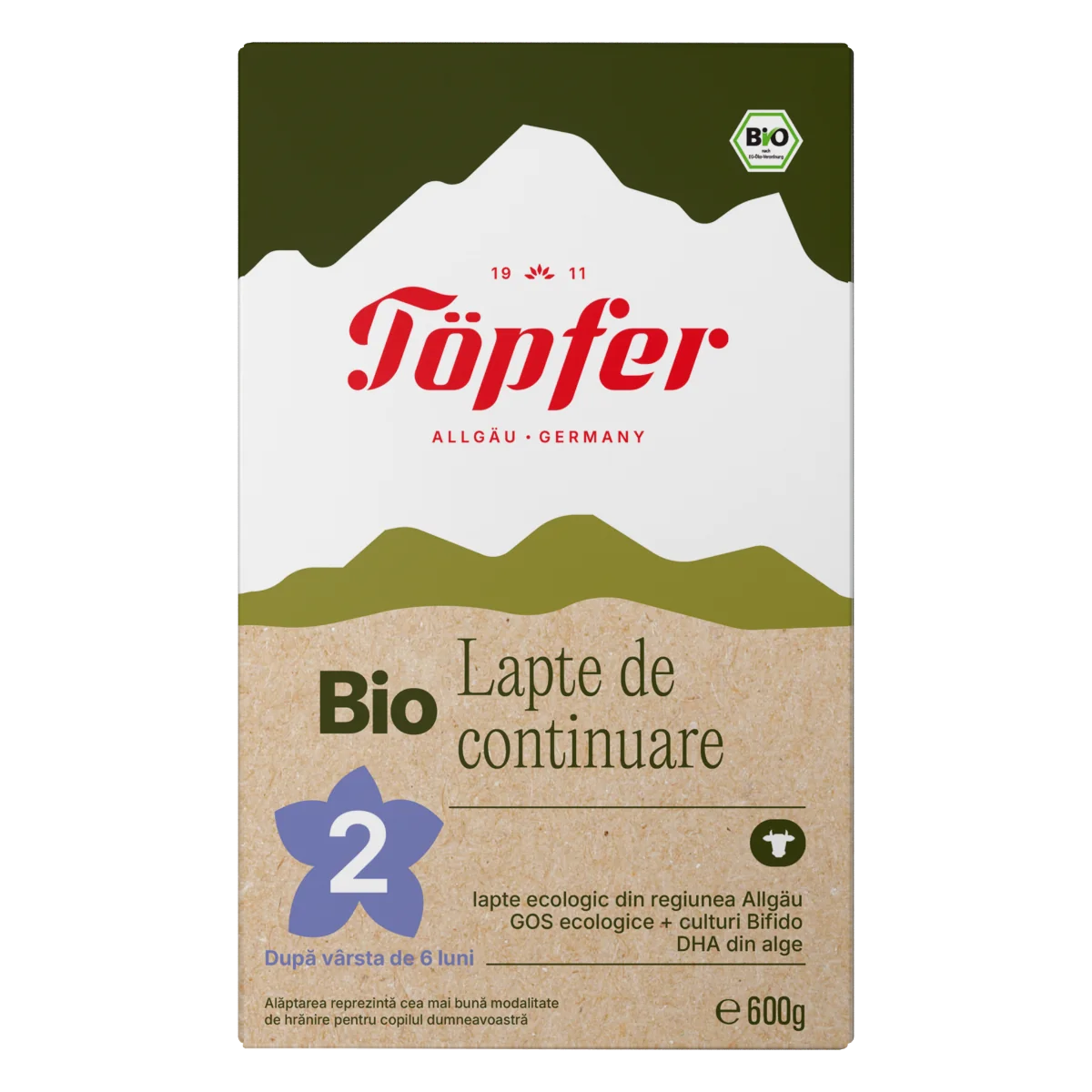 Lapte praf Bio 2 de la 6 luni, 600g, Topfer