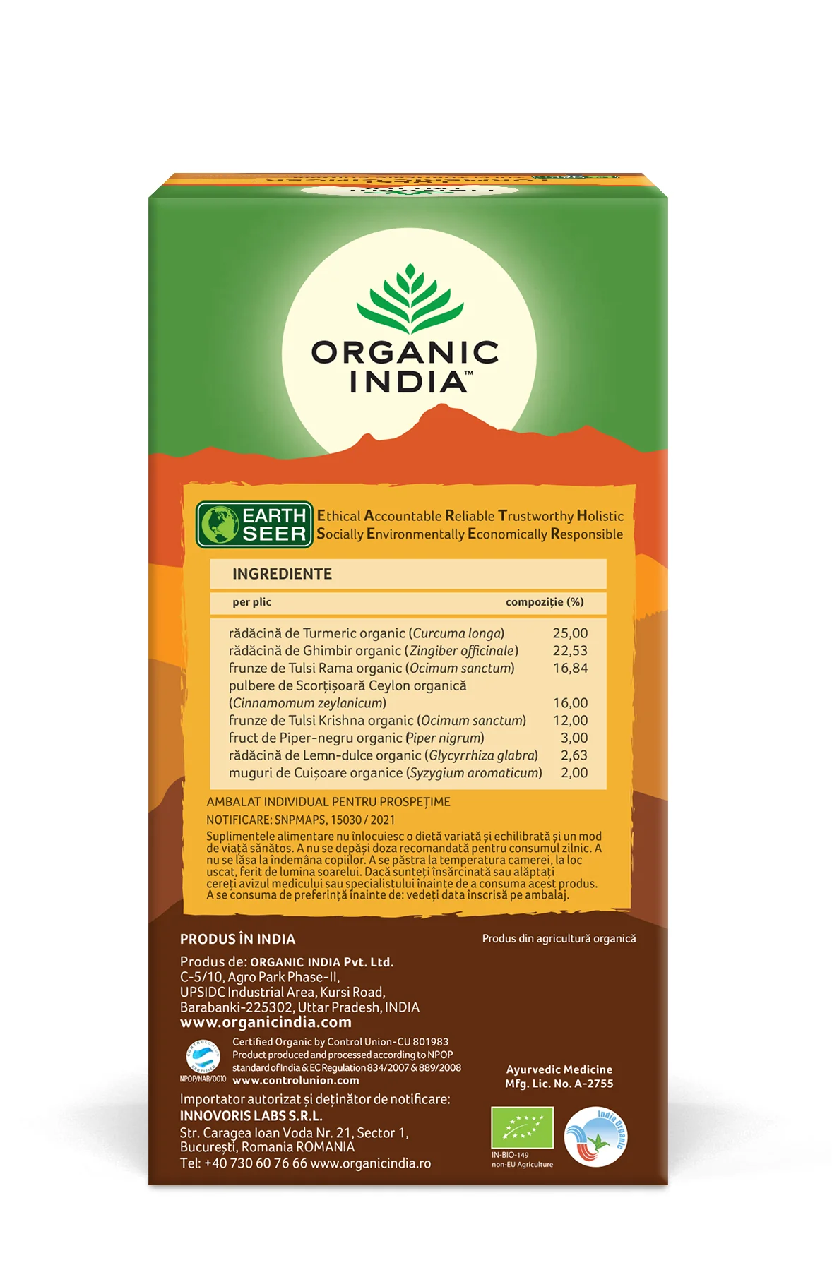 Ceai adaptogen turmeric si ghimbir, 25 plicuri, Organic India
