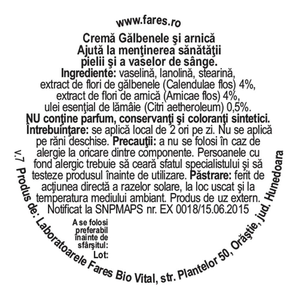 Crema de galbenele si arnica, 20g, Fares