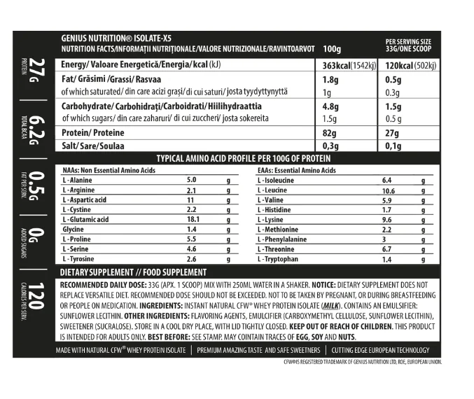 Pudra proteica cu aroma de inghetata de vanilie Isolate-X5, 2000g, Genius Nutrition