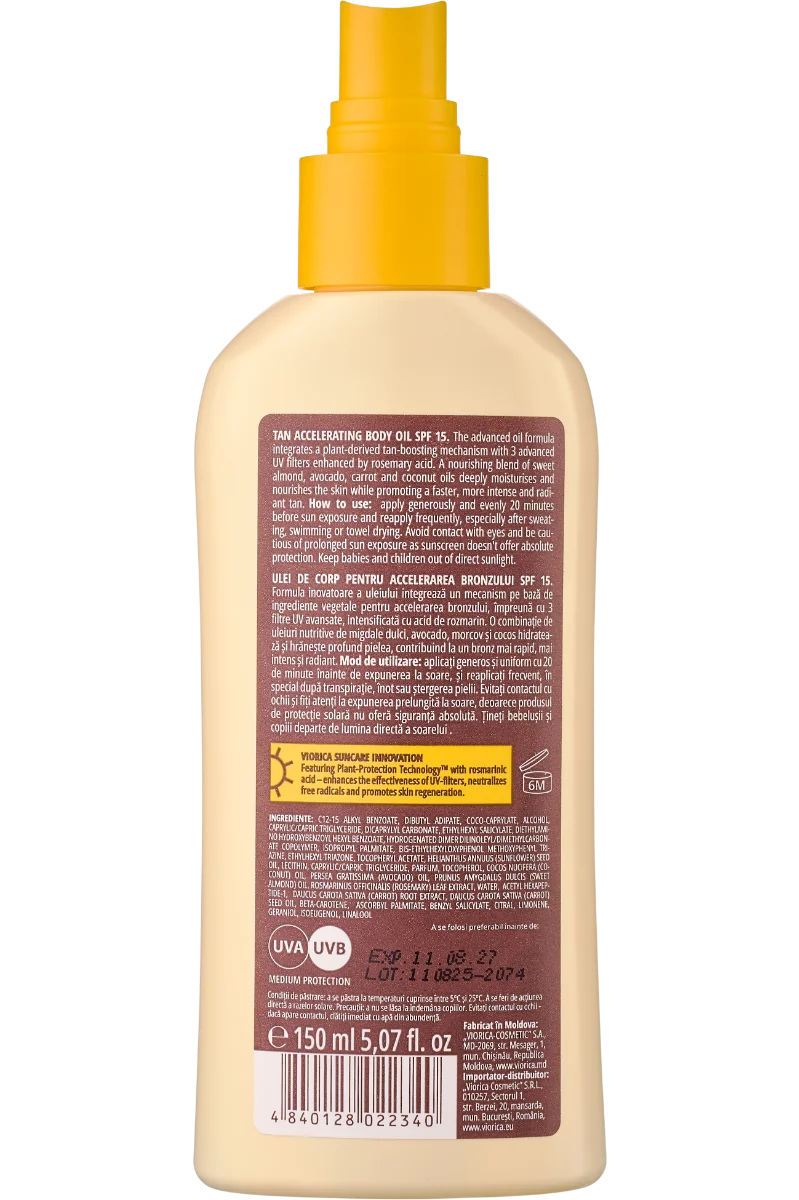 Ulei de corp pentru accelerarea bronzului SPF 15 Solar, 150ml, Viorica