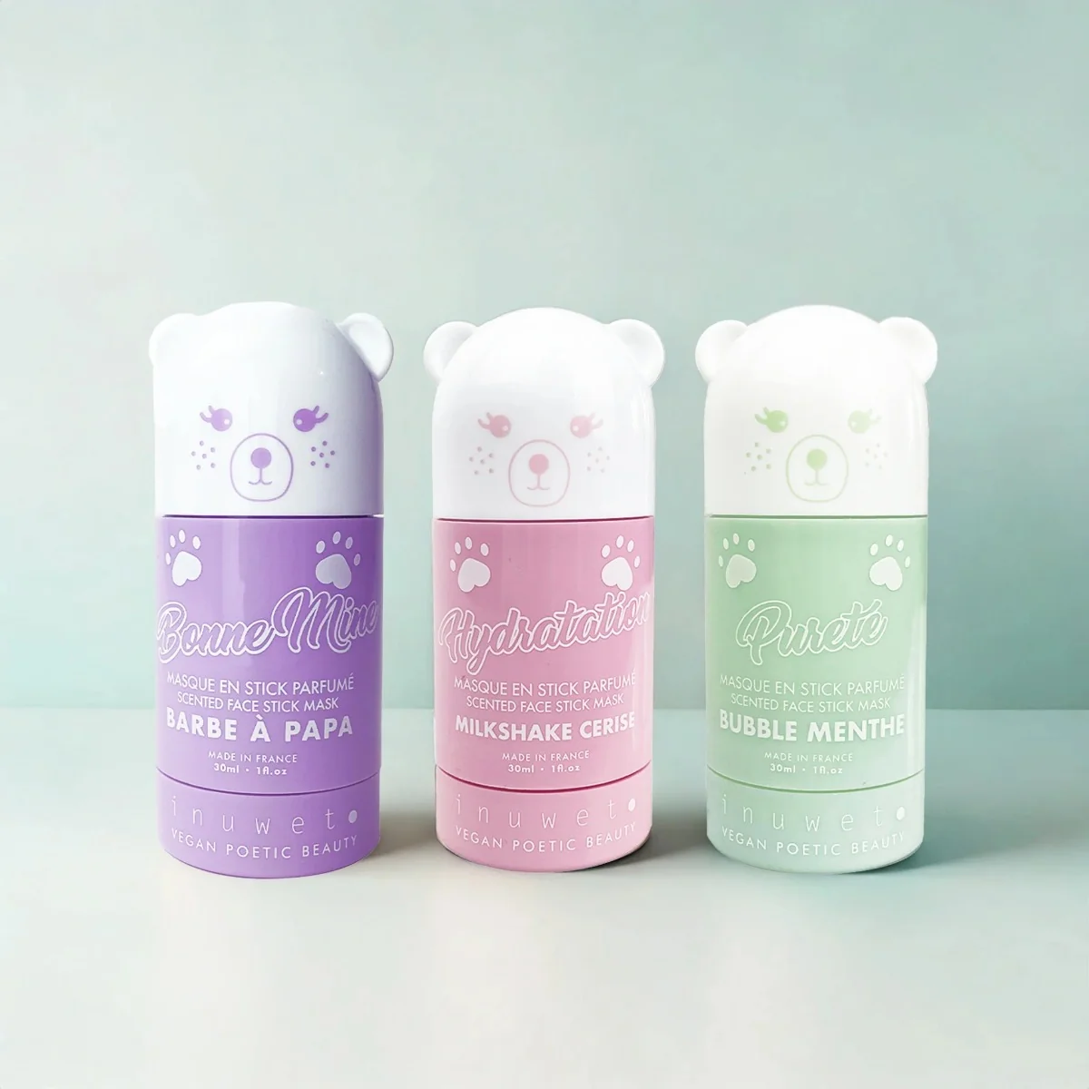 Masca stick hidratanta pentru fata cu argila alba si parfum milkshake de cirese, 30ml, Inuwet