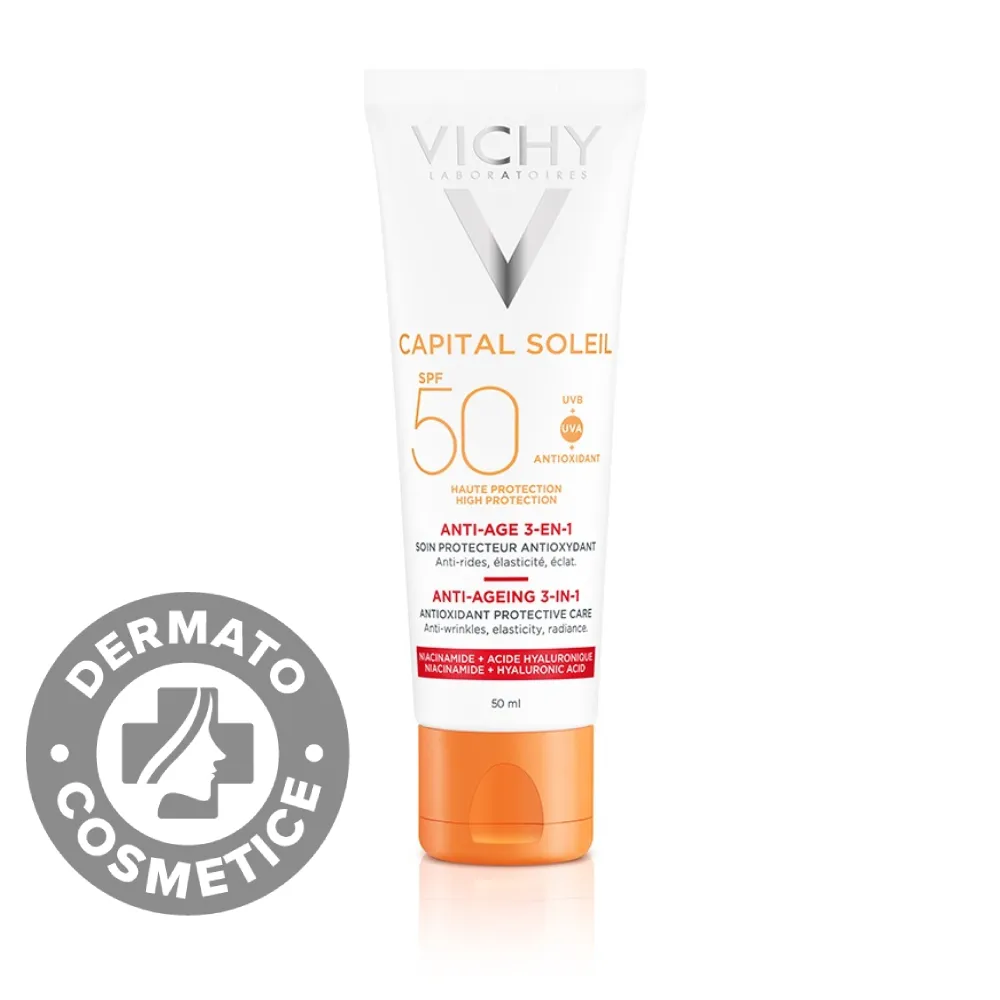 Crema antioxidanta anti-rid 3in1 cu protectie solara SPF 50 pentru fata Capital Soleil, 50ml, Vichy 