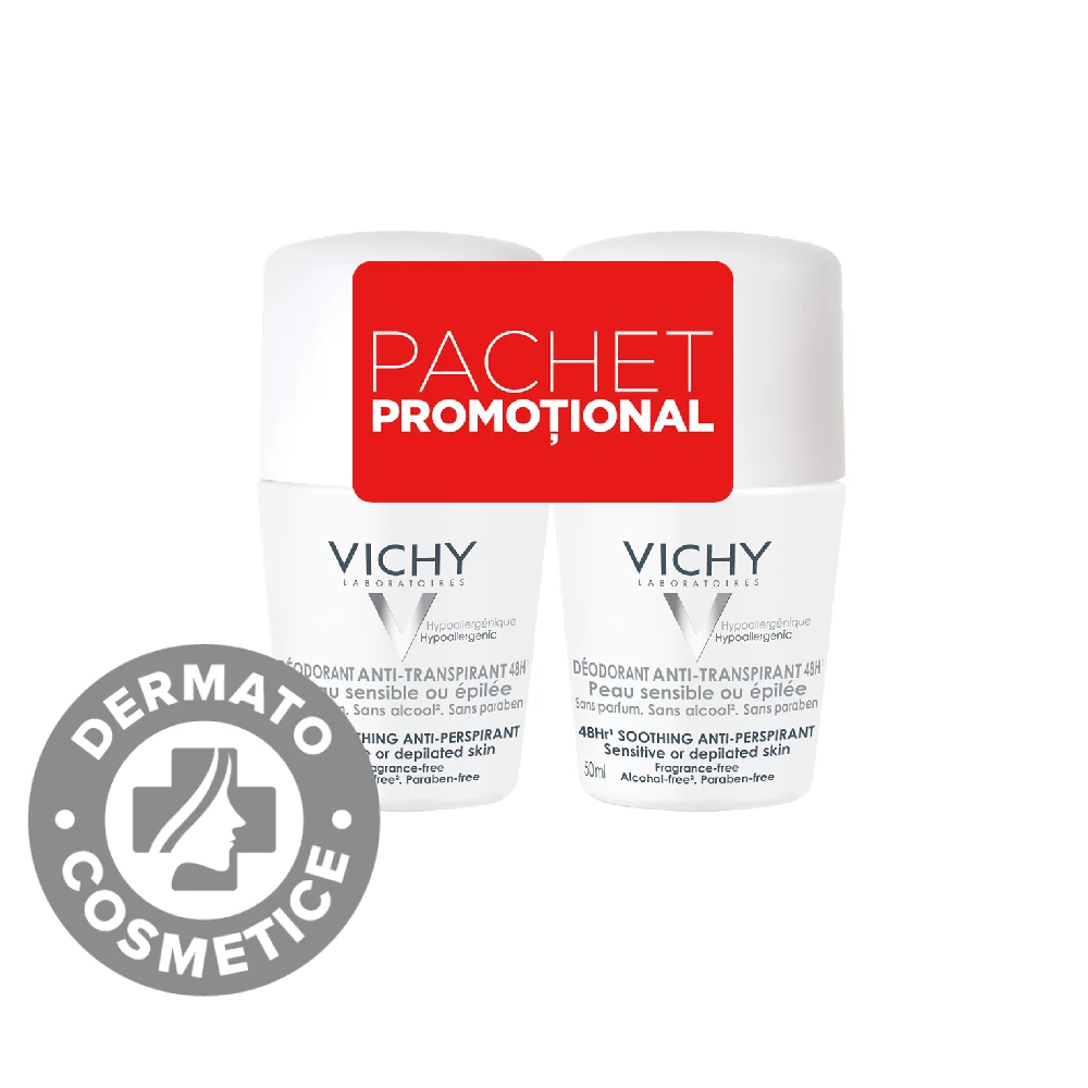 Pachet Deodorant roll-on fara parfum antiperspirant 48h, 2x50ml, Vichy
