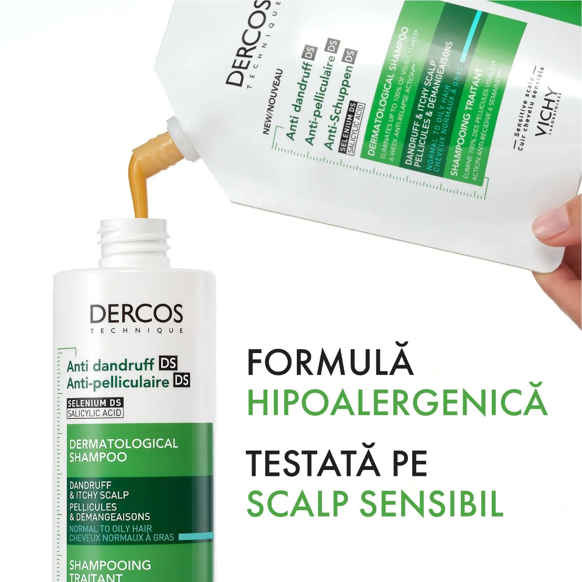 Rezerva Eco Sampon anti-matreata pentru par normal si gras Dercos, 390ml, Vichy