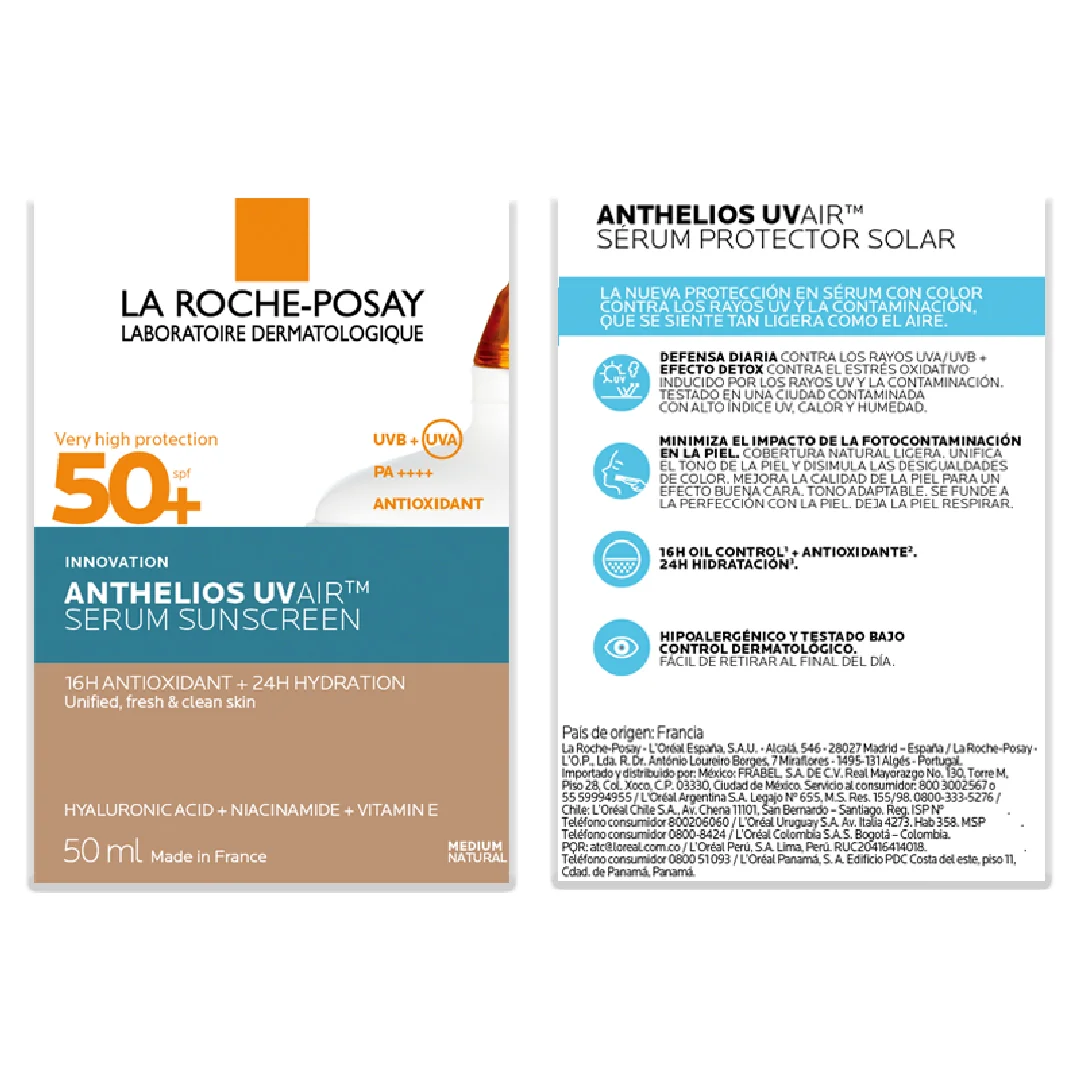 Serum de fata cu protectie solara SPF 50+ Nuanta Medium Natural Anthelios UVAir, 50ml, La Roche-Posay