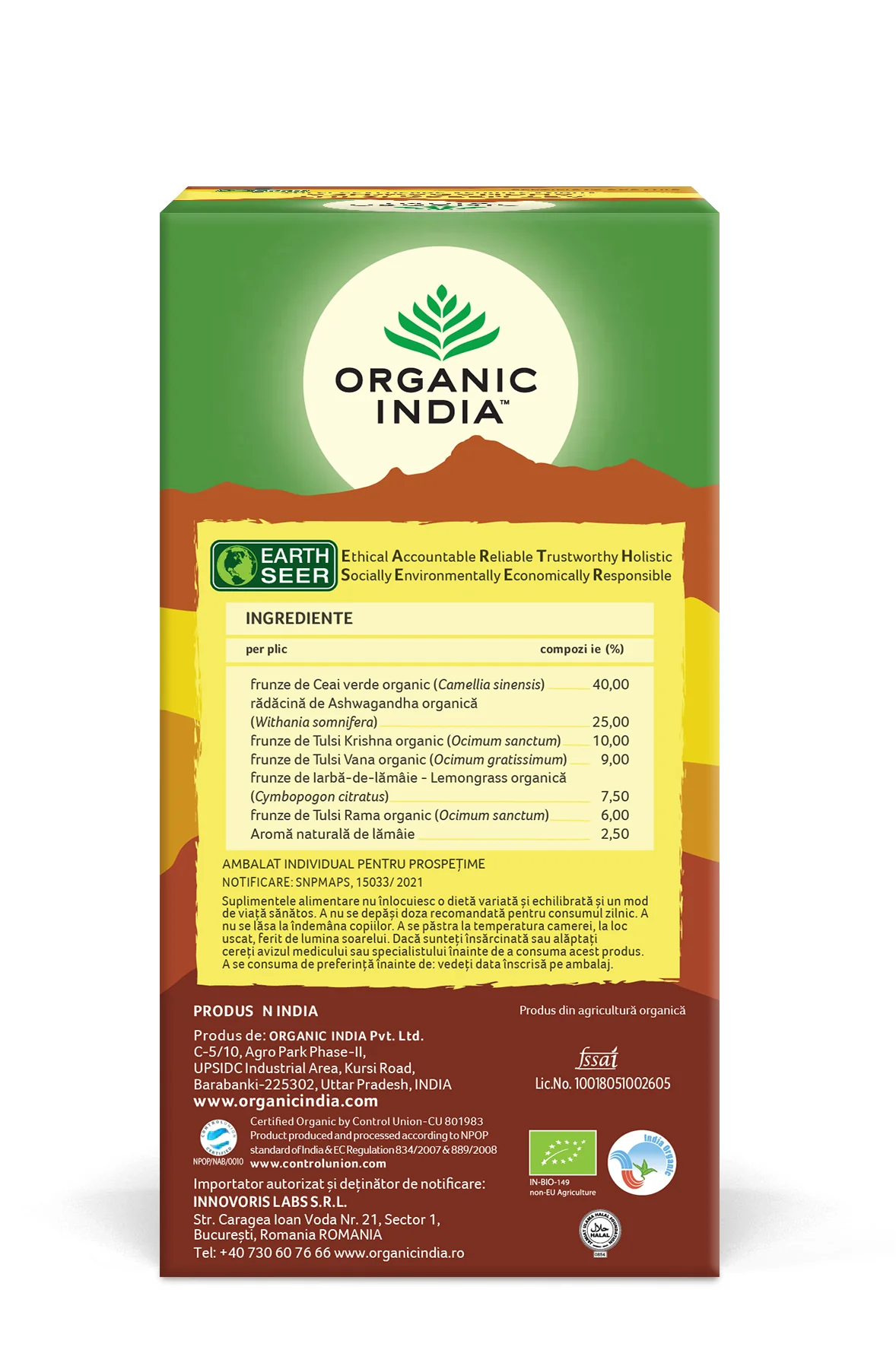 Ceai ashwagandha si ceai verde Tusli, 25 plicuri, Organic India