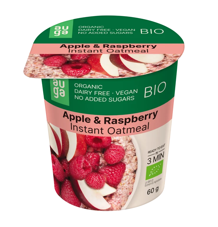 Porridge din ovaz integral cu mar si zmeura Bio, 60g, Auga
