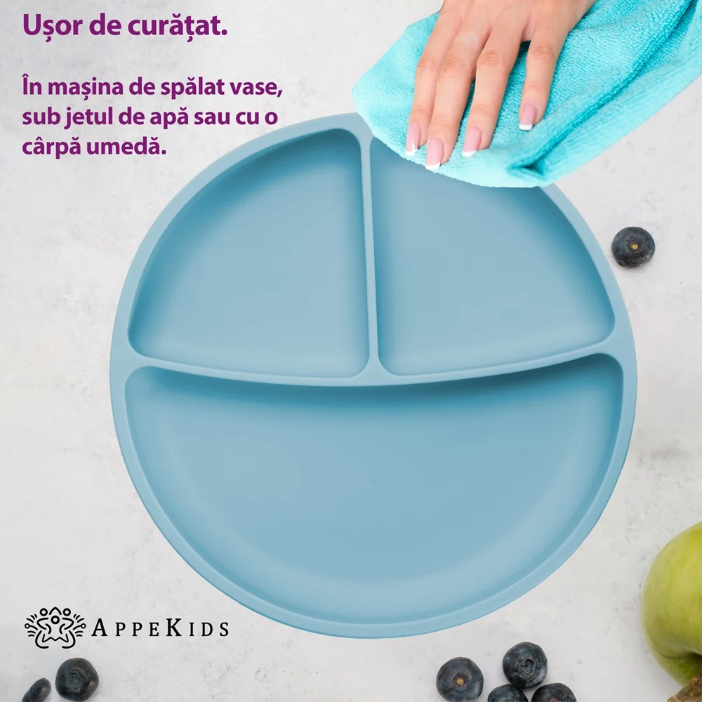Farfurie compartimentata din silicon cu ventuza Aqua Blue 6 luni+, 1 bucata, Appekids