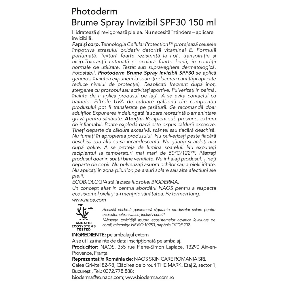 Spray invizibil Photoderm Brume SPF30, 150ml, Bioderma