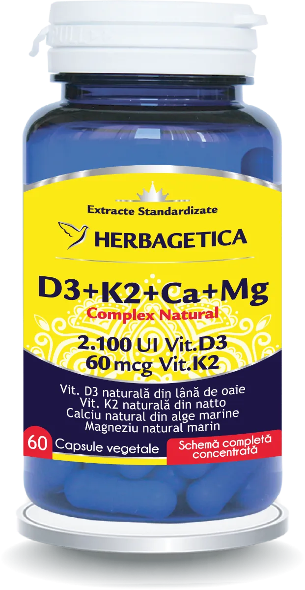 Complex Natural D3+K2+Ca, 60 capsule vegetale, Herbagetica