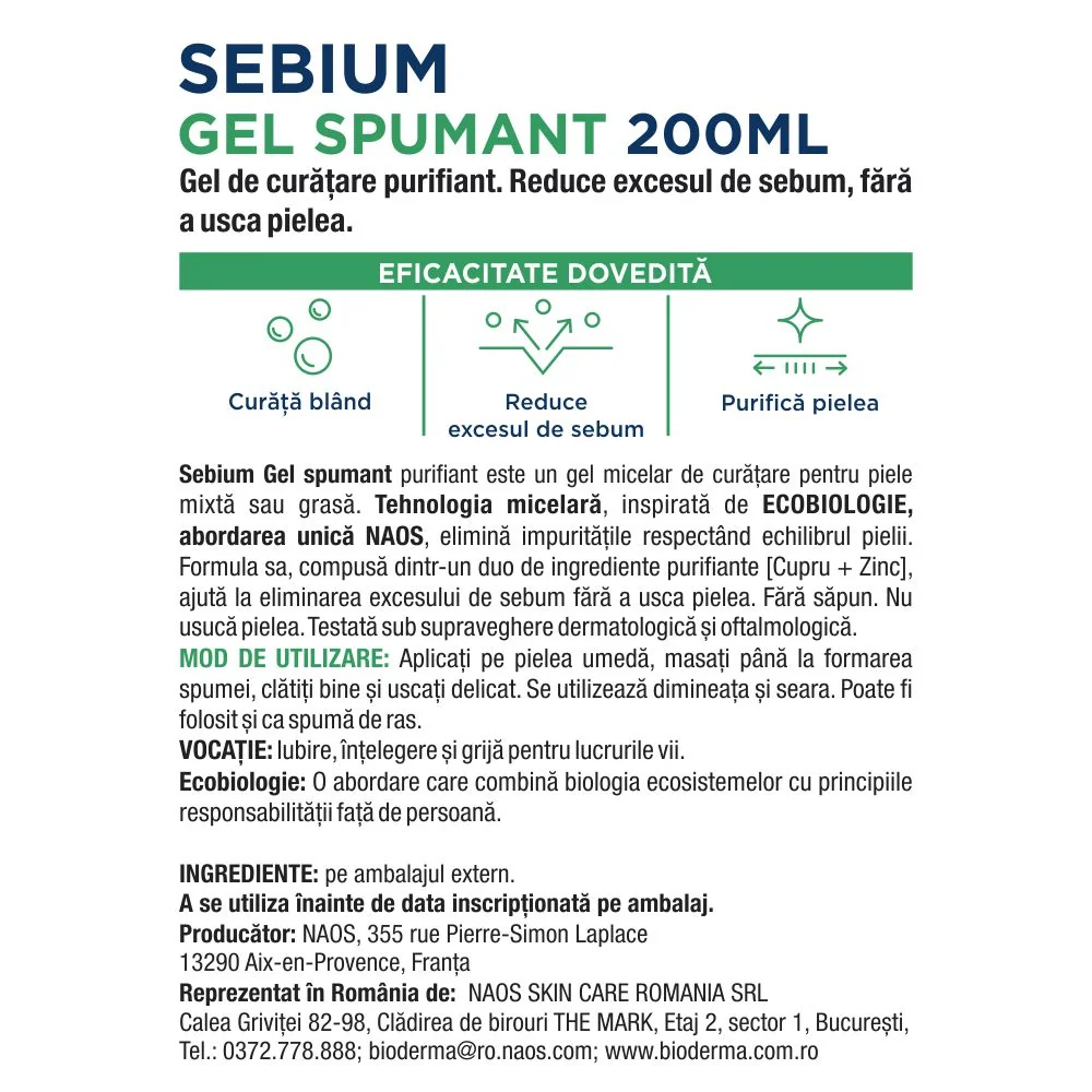 Gel curatare fata pentru ten mixt gras Sebium, 200ml, Bioderma