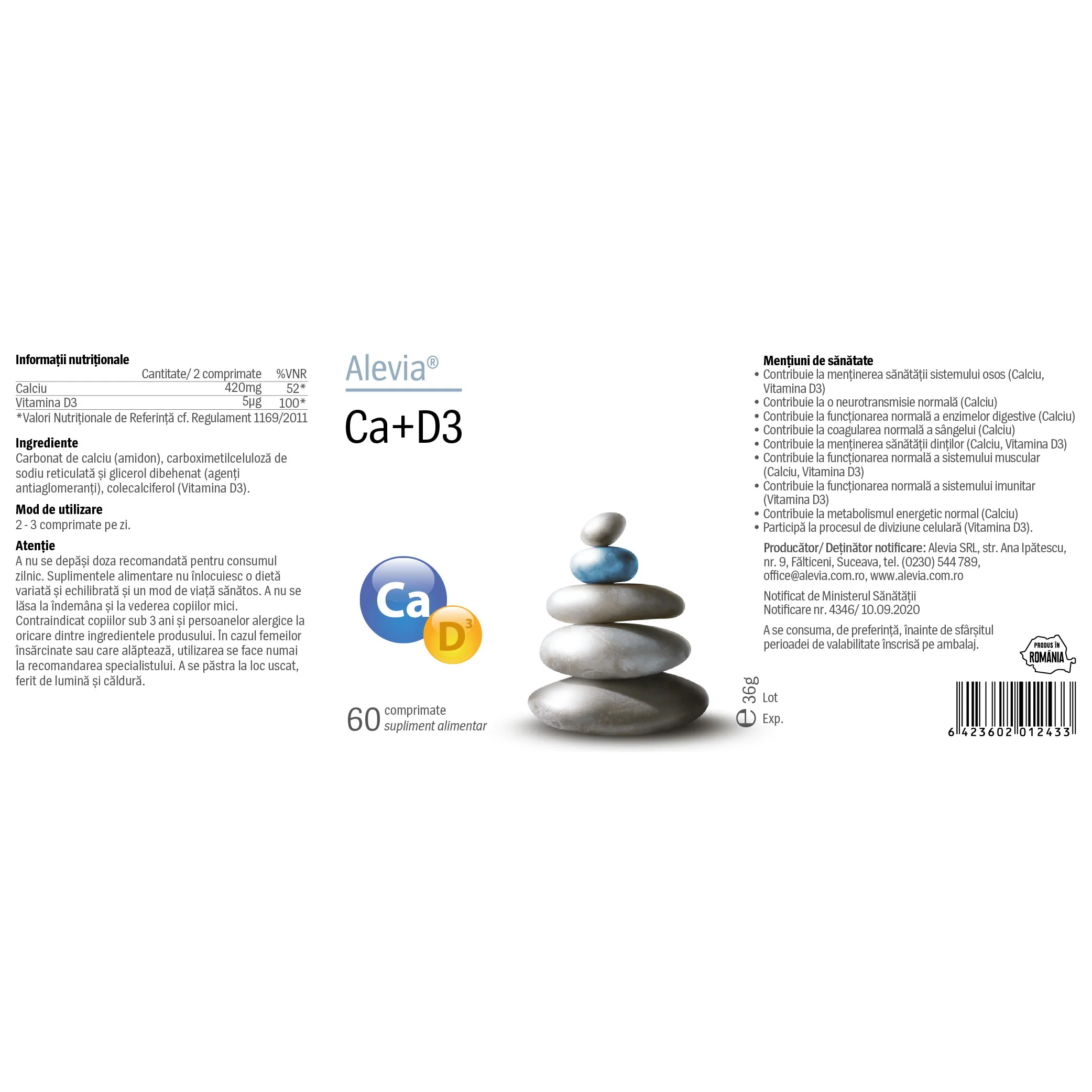 Calciu vitamina D3, 60 comprimate, Alevia
