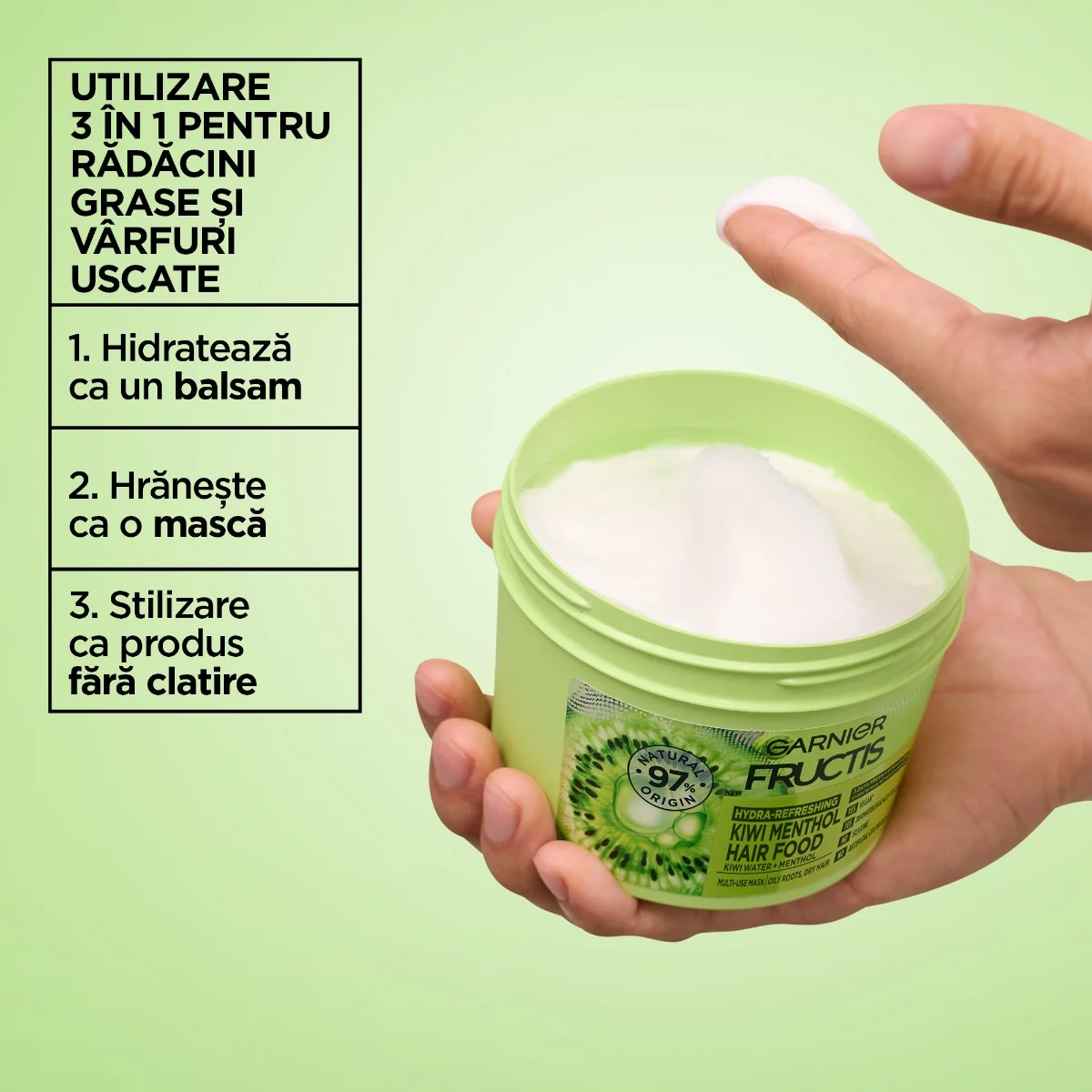 Masca de par hidratanta pentru radacini grase si varfuri despicate Fructis Hair Food Kiwi, 390ml, Garnier