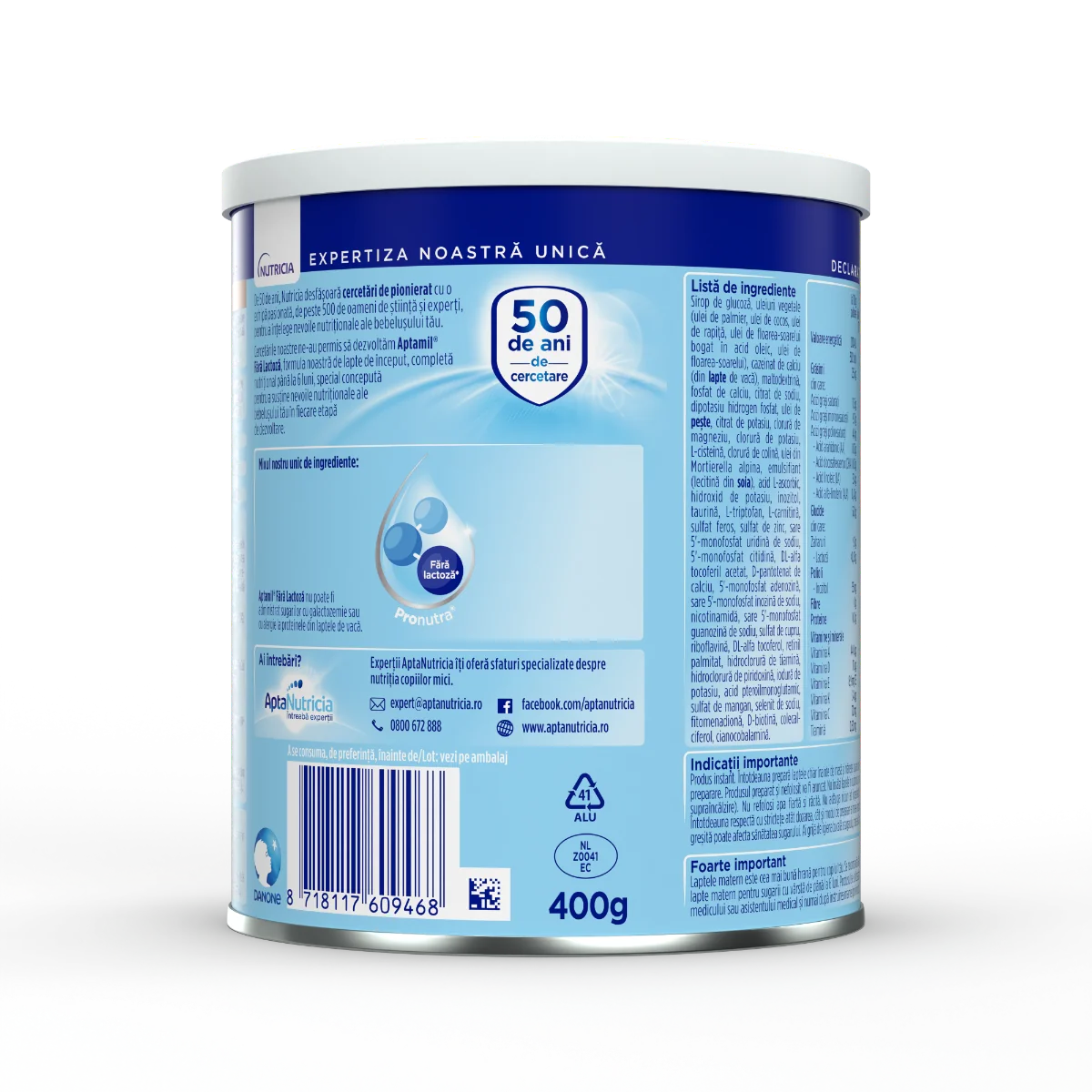 Lapte de inceput de la nastere fara lactoza, 400g, Aptamil
