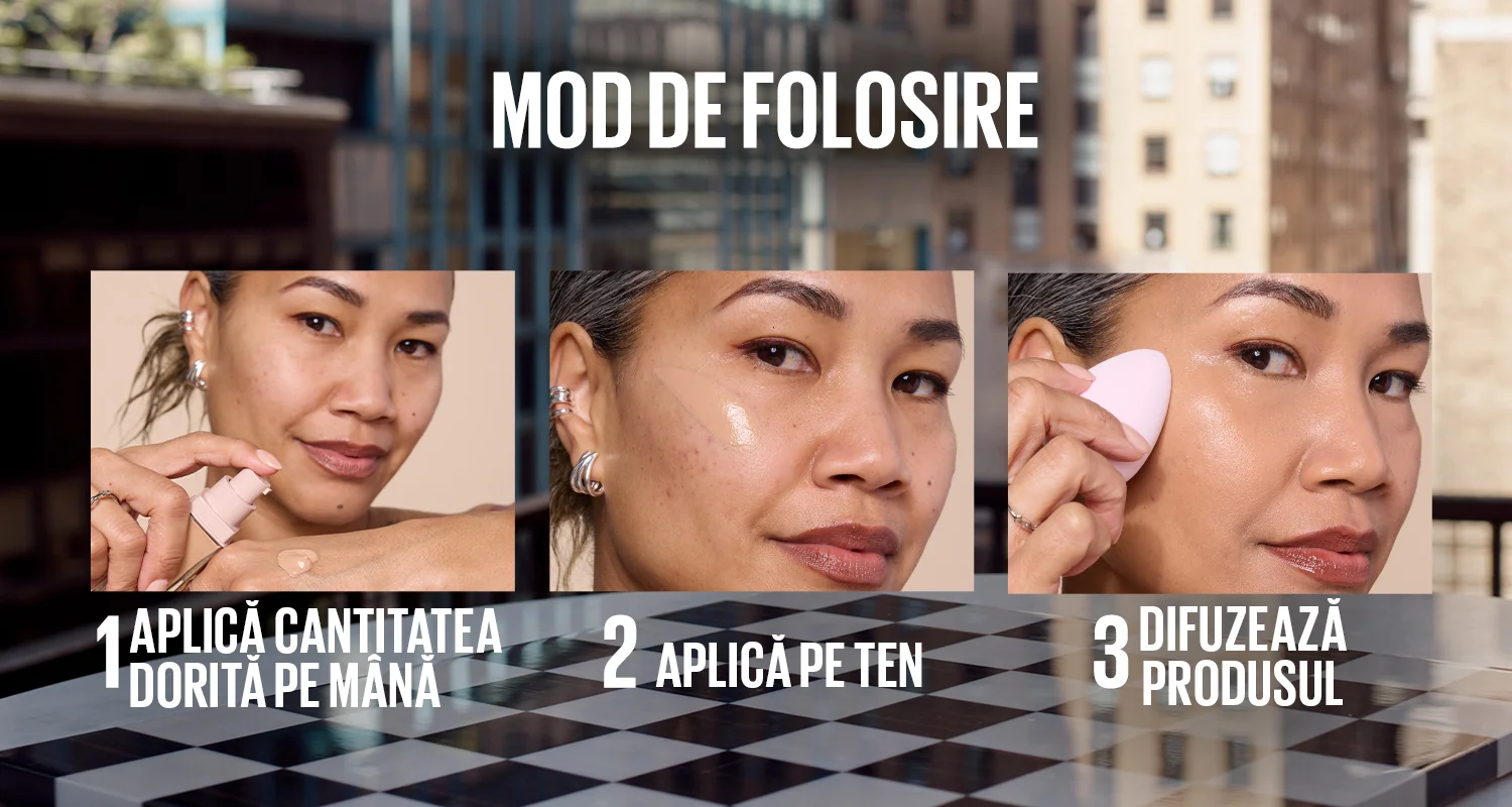 Mod de folosire fond de ten, aplicare in trei pasi. Mod de folosire fond de ten, aplicare in trei pasi.