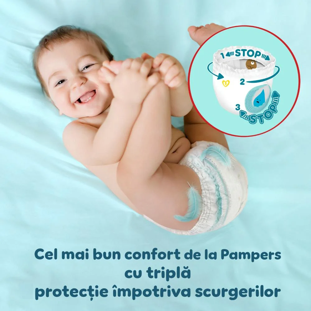 Bebeluș zâmbitor, întins pe spate, purtând un scutec Pampers, cu un grafic care ilustrează caracteristicile absorbției.