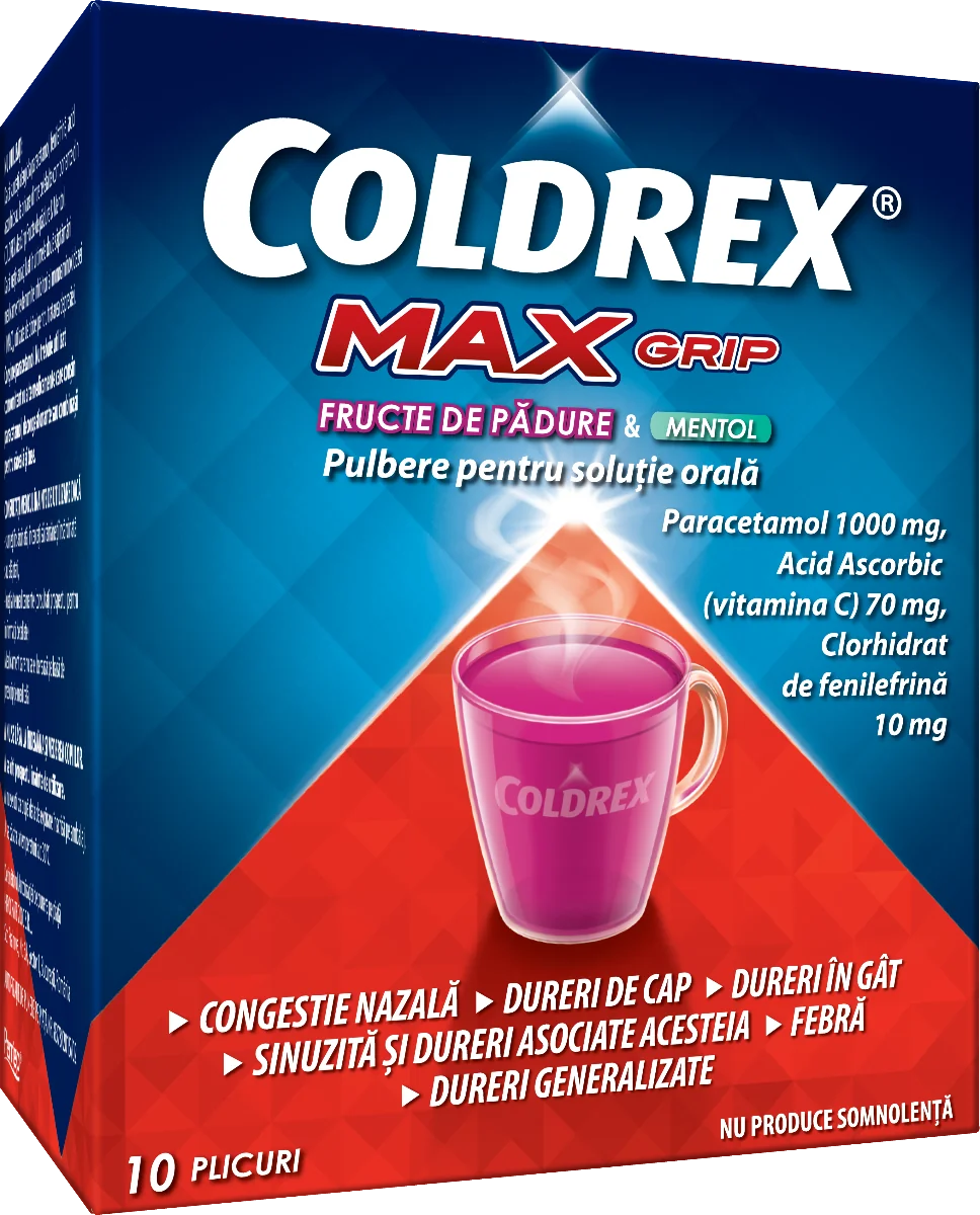 Coldrex MaxGrip fructe de padure si mentol, 10 plicuri, Perrigo