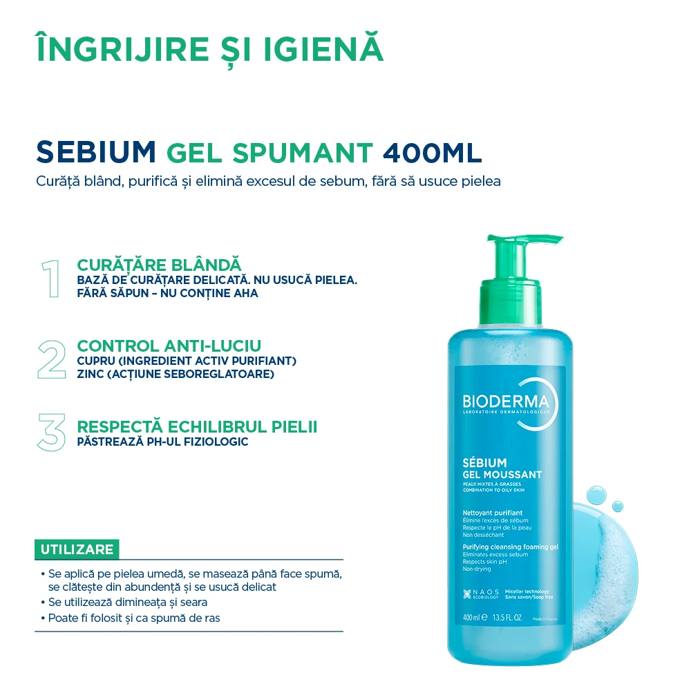 Gel spumant pentru piele mixta si grasa Sebium, 400ml, Bioderma