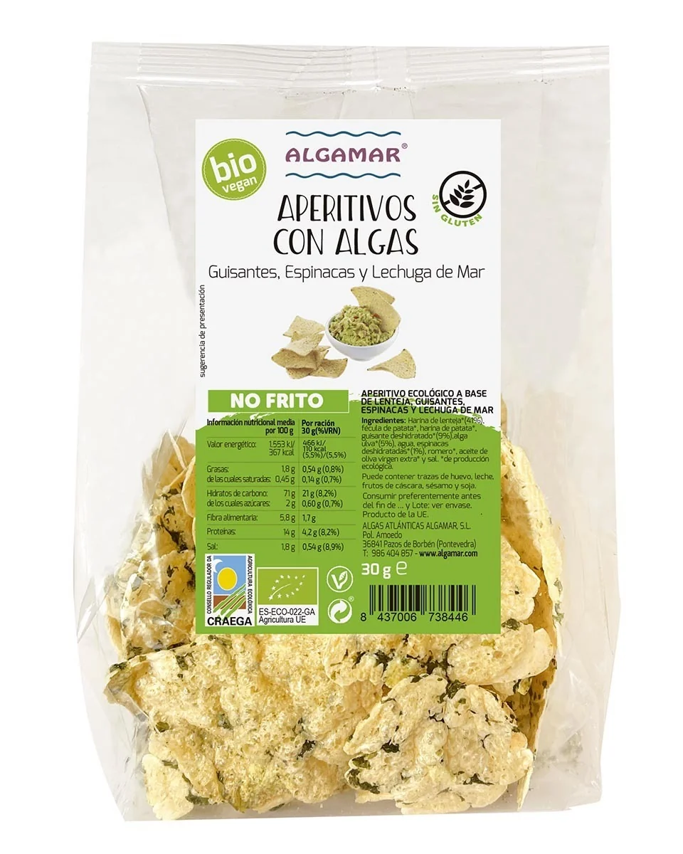 Chips de linte cu mazare, spanac si alge Bio, 30g, Algamar