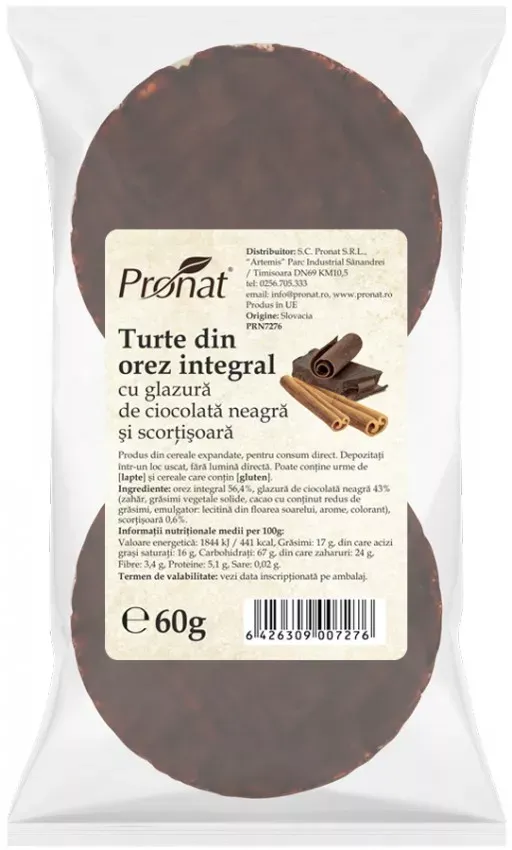 Turte din orez integral cu glazura ciocolata neagra si scortisoara, 60g, Pronat