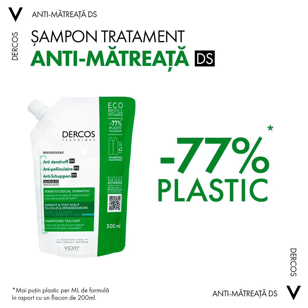 Rezerva sampon anti-matreata pentru par normal-gras Eco Dercos, 500ml, Vichy
