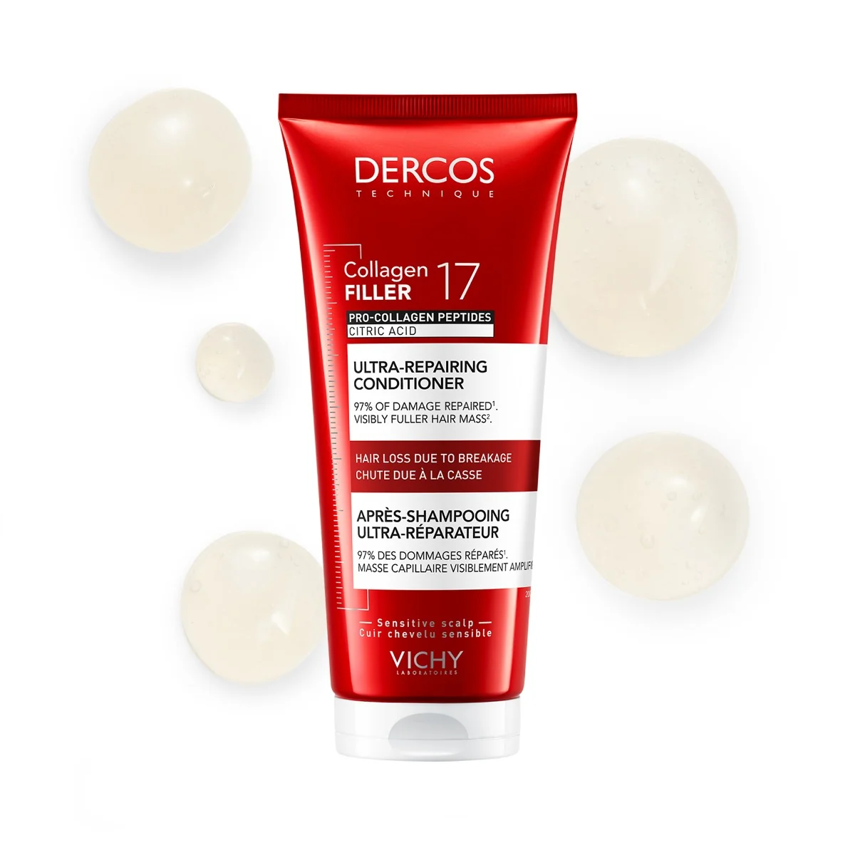 Balsam ultra-reparator cu peptide pro-colagen si acid citric Dercos Collagen 17 Filler, 200ml, Vichy