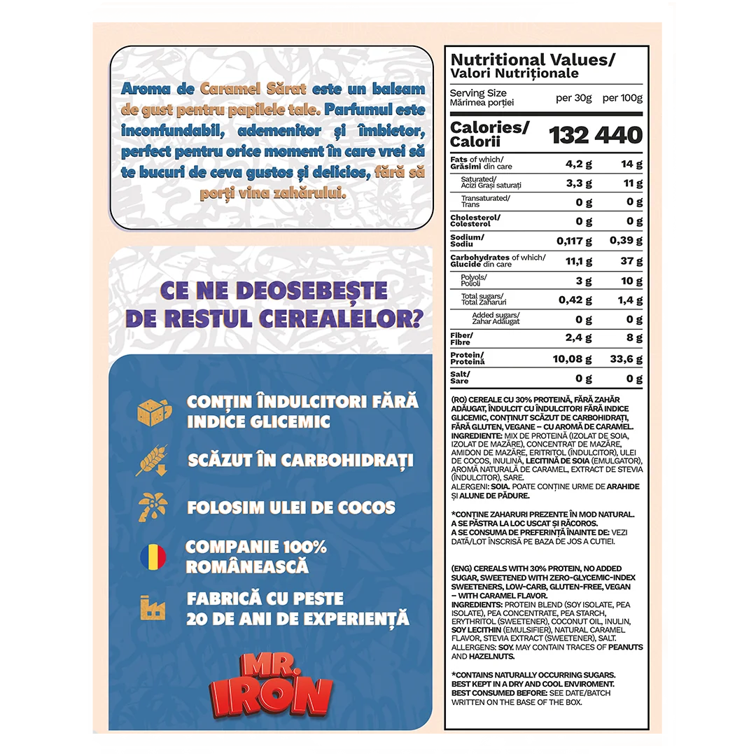 Cereale cu 30% proteina fara zahar low-carb gluten free si vegane Caramel Sarat, 250g, Mr. Iron 