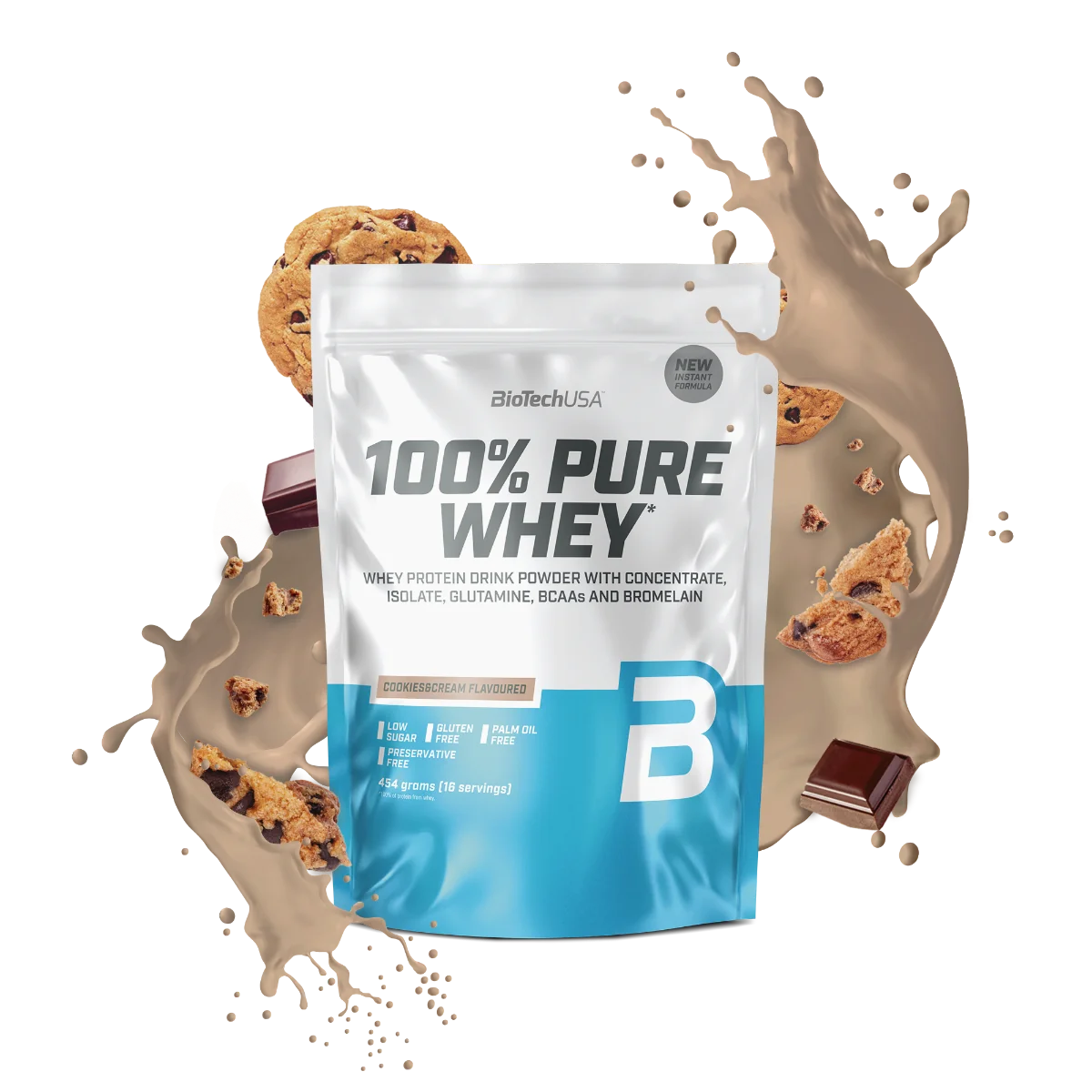 Pudra proteica 100% Pure Whey cu aroma Cookies & Cream, 454g, BioTechUSA