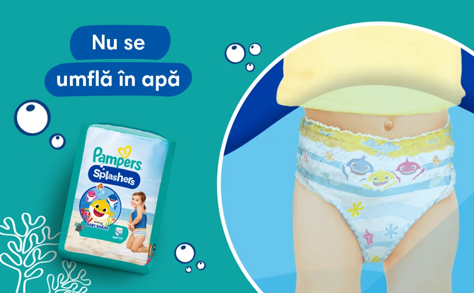 Pampers Splashers, scutece pentru apa care nu se umfla in apa, cu design Baby Shark. Pampers Splashers, scutece pentru apa care nu se umfla in apa, cu design Baby Shark.