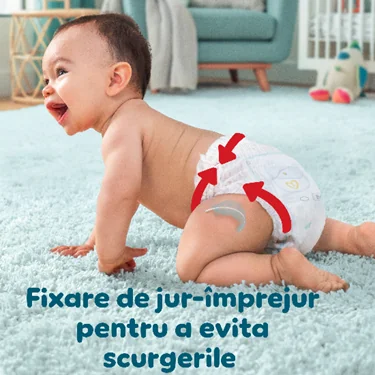 Scutec Pampers cu protectie pentru zona ombilicala, indicator de umezeala, ultra respirabilitate si mansete duble pentru zona picioarelor. Scutec Pampers cu protectie pentru zona ombilicala, indicator de umezeala, ultra respirabilitate si mansete duble pentru zona picioarelor.