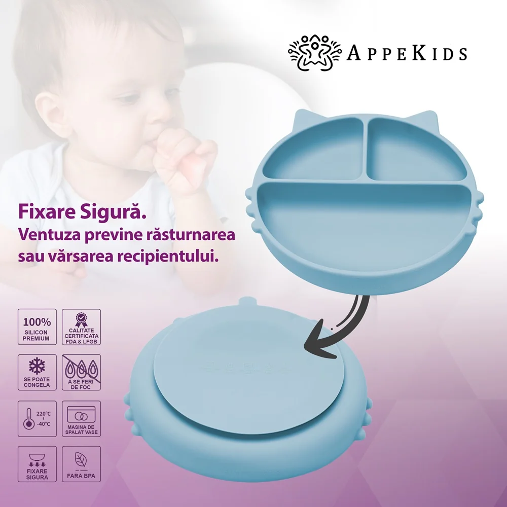 Farfurie compartimentata din silicon cu ventuza Kitty Aqua Blue 6 luni+, 1 bucata, Appekids
