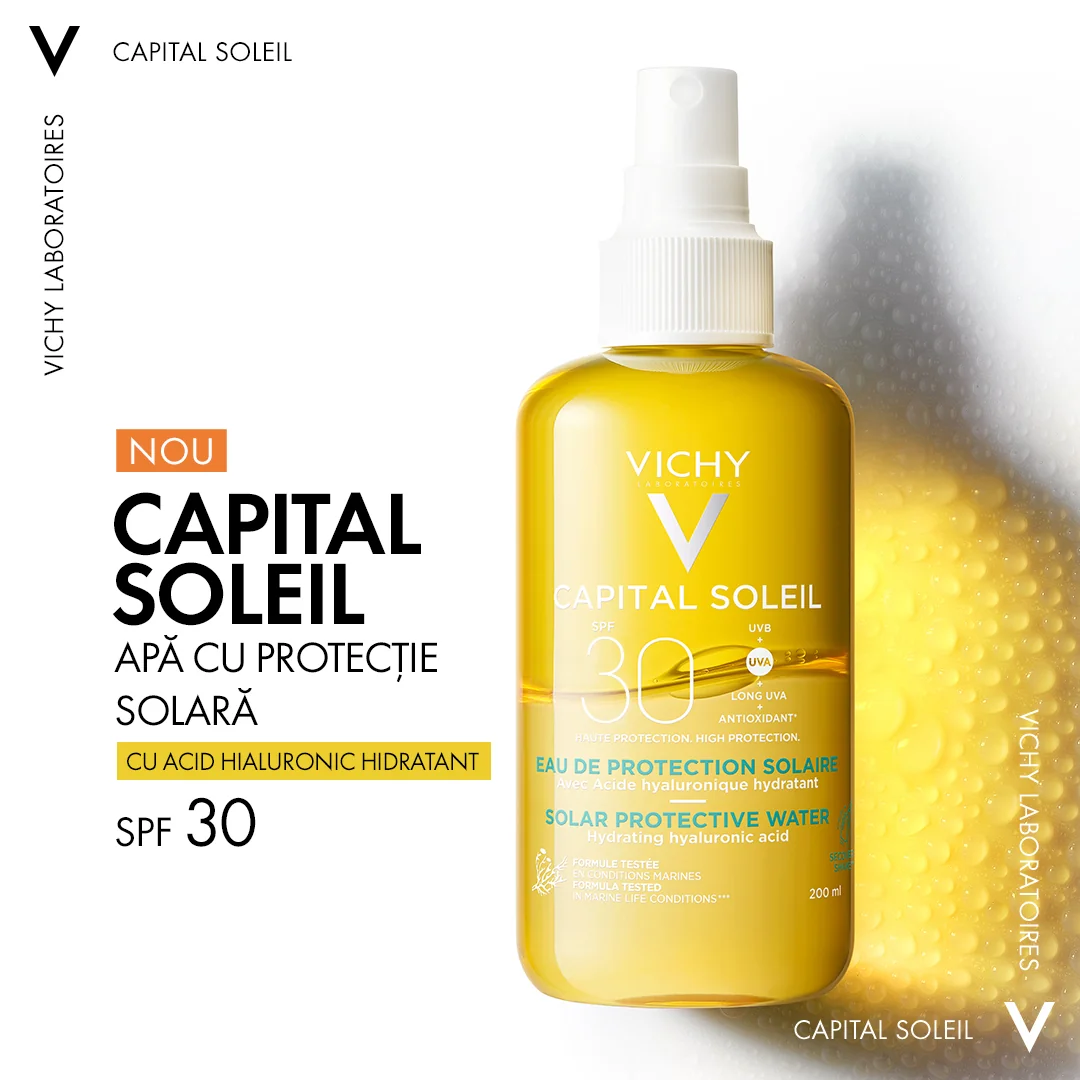 Apa de protectie solara SPF 30 pentru fata si corp cu acid hialuronic Hydra Capital Soleil, 200ml, Vichy