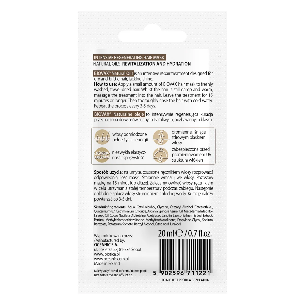 Masca de par revitalizanta Natural Oils, 20ml, Biovax