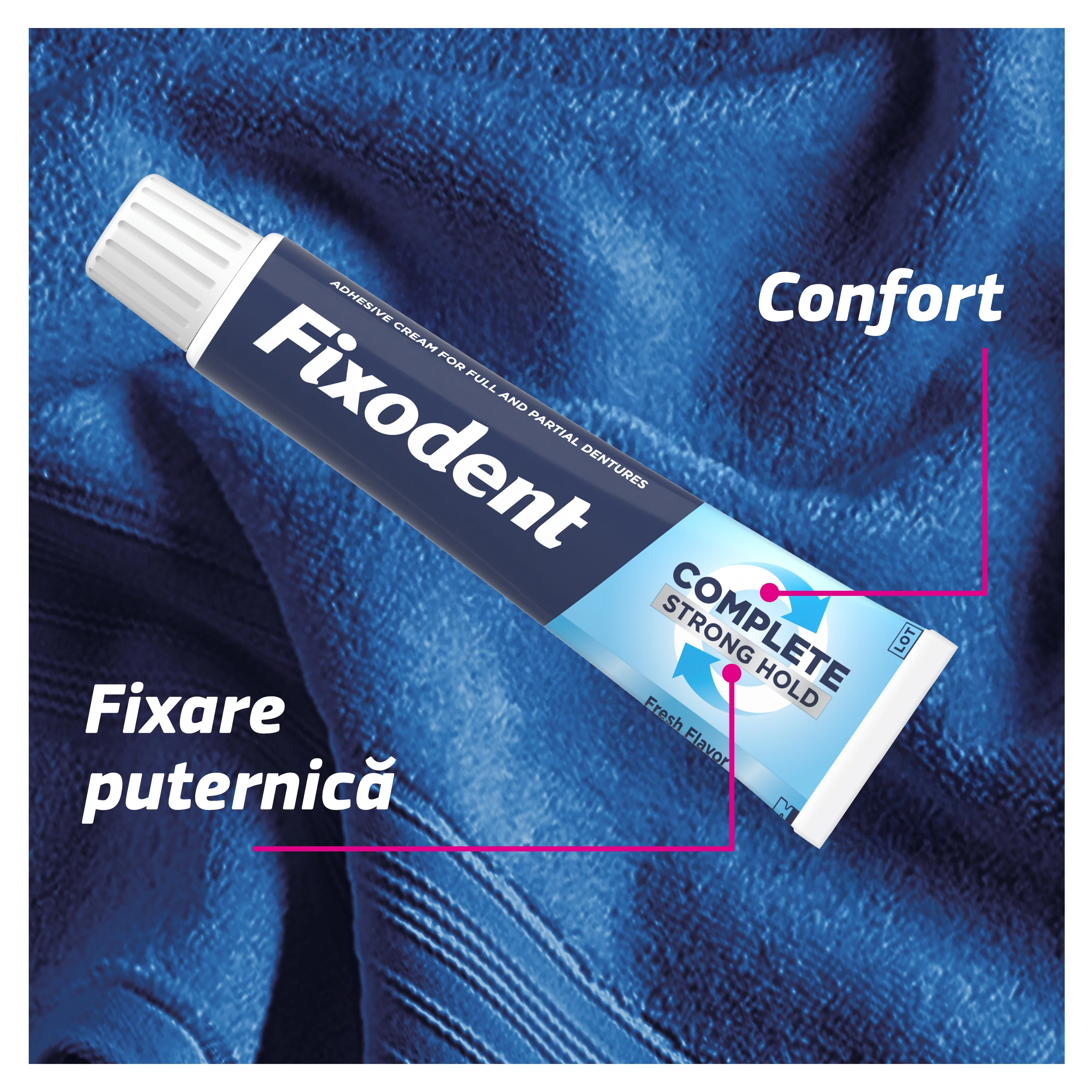Tub de Fixodent Complete, crema adeziva pentru proteze dentare, cu fixare puternica si confort, pe un fundal albastru texturat. Tub de Fixodent Complete, crema adeziva pentru proteze dentare, cu fixare puternica si confort, pe un fundal albastru texturat.