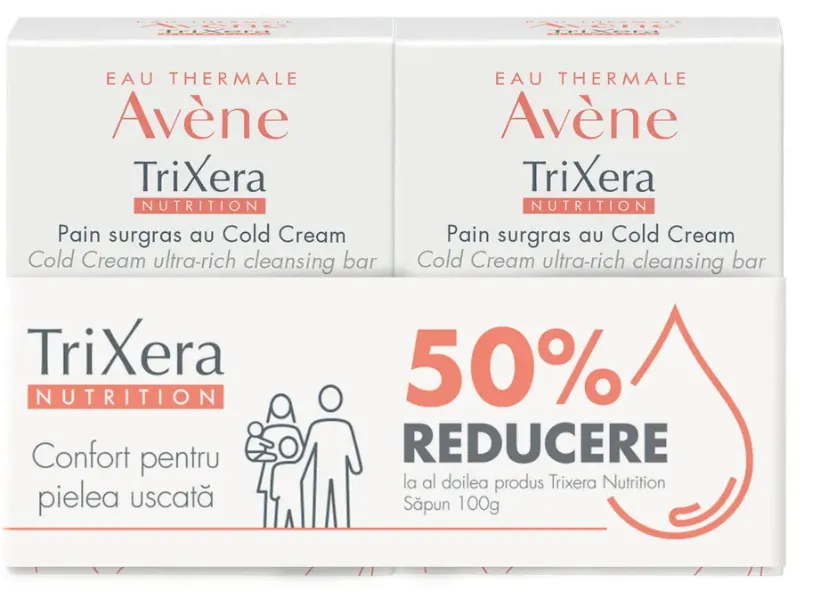 Pachet Sapun hidratant pentru piele sensibila si uscata Trixera Nutrition 1 + 50% reducere la al doilea produs, 2 x 100g, Avene