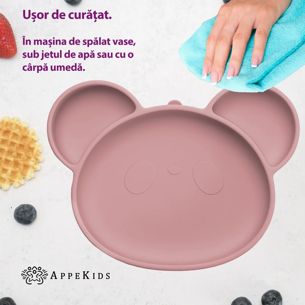 Farfurie din silicon cu ventuza Panda Old Rose 6 luni+, 1 bucata, Appekids