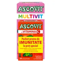 Pachet Ascovit Multivit cu aroma de zmeura 60 comprimate + Ascovit cu Vitamina C aroma de capsuni 20 comprimate Gratuit, Omega Pharma