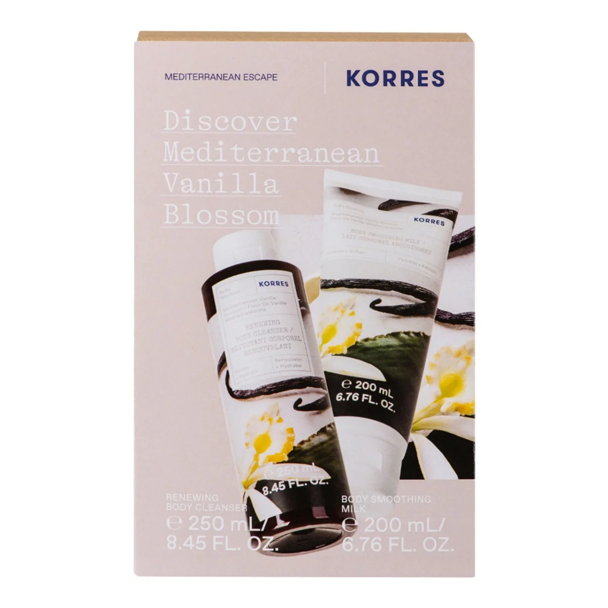 Pachet Mediterranean Vanilla Blossom Gel de dus 250ml + Lapte de corp 200ml, Korres