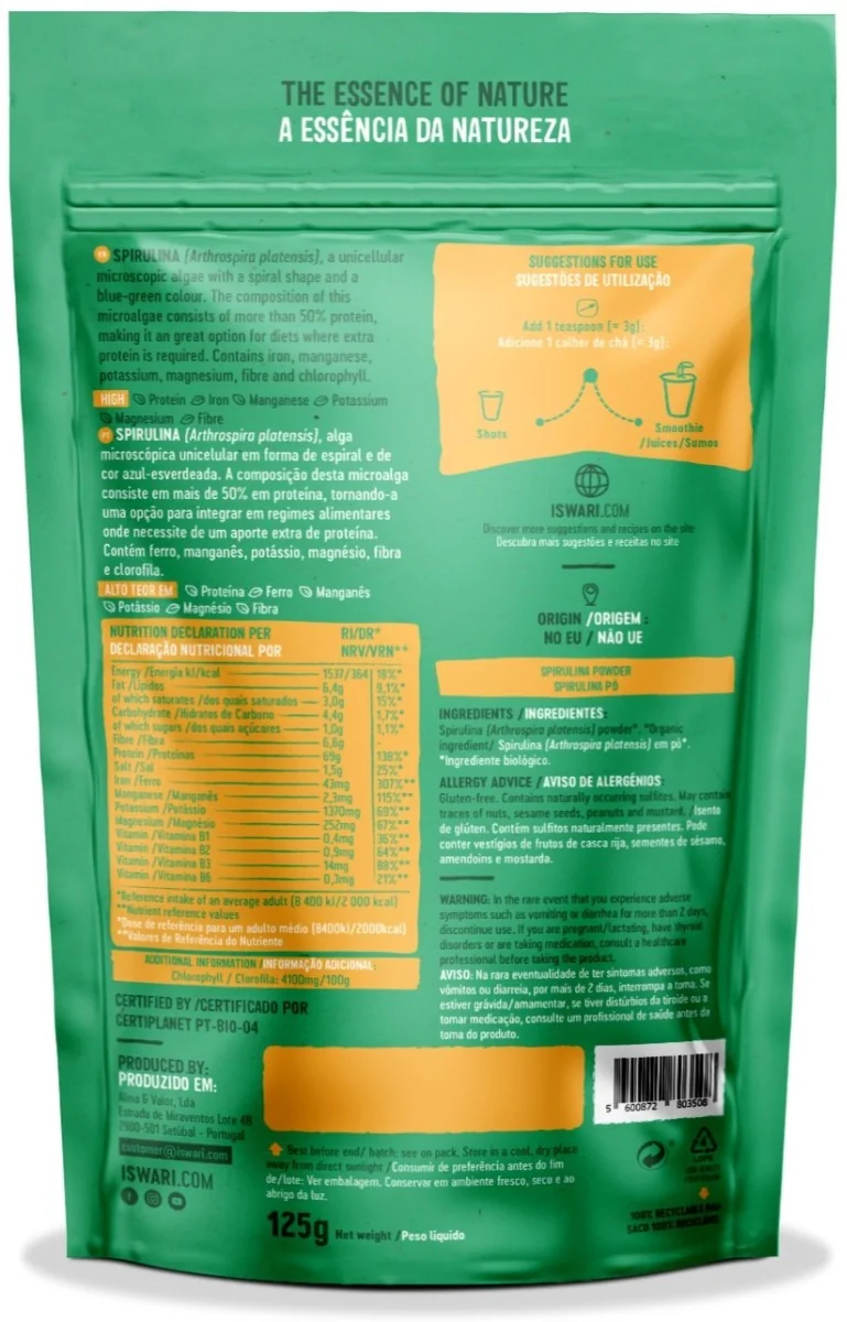 Spirulina bio sub forma de pulbere, 125g, Iswari