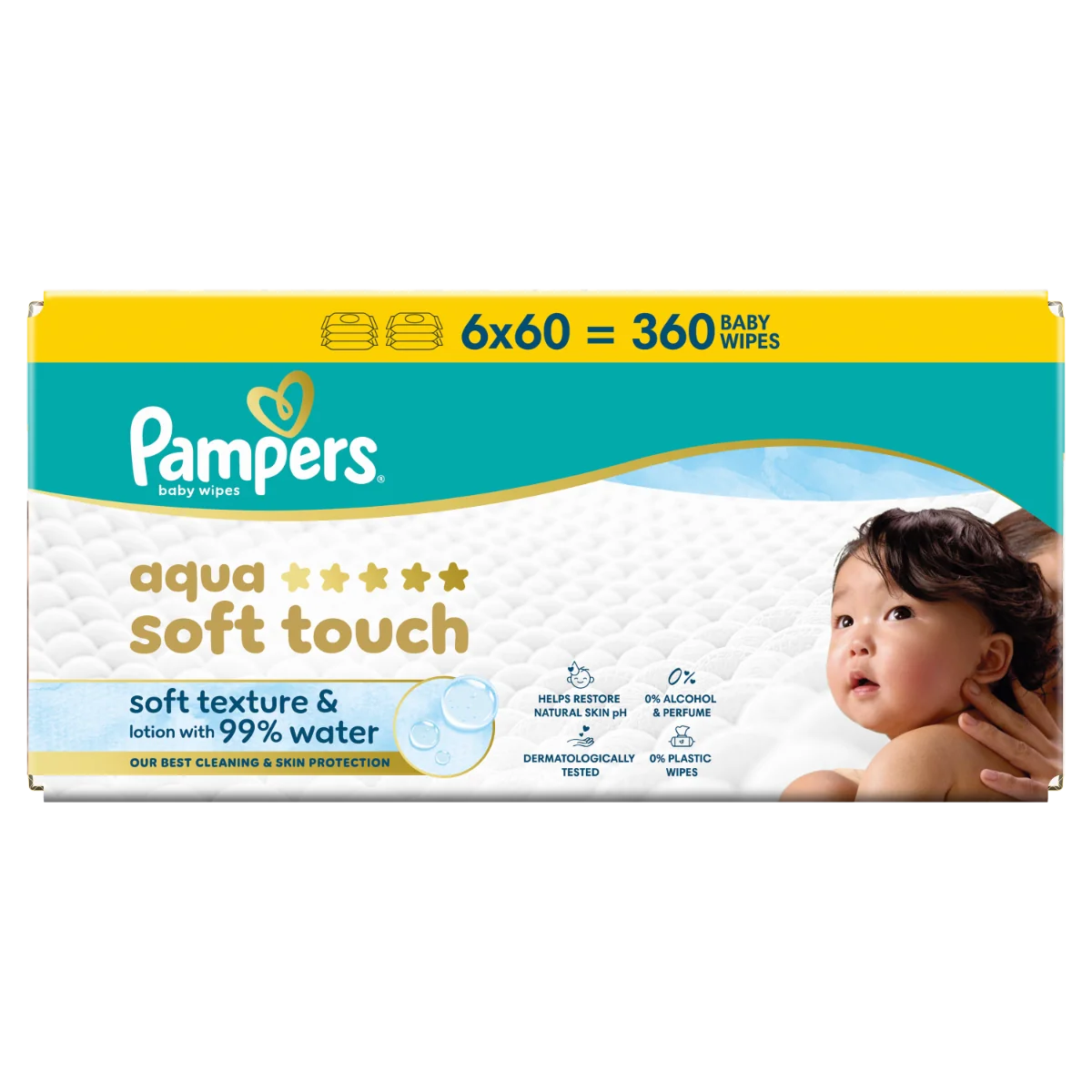 Servetele umede cu 99% apa si lotiune usoara Aqua Soft Touch, 360 bucati, Pampers