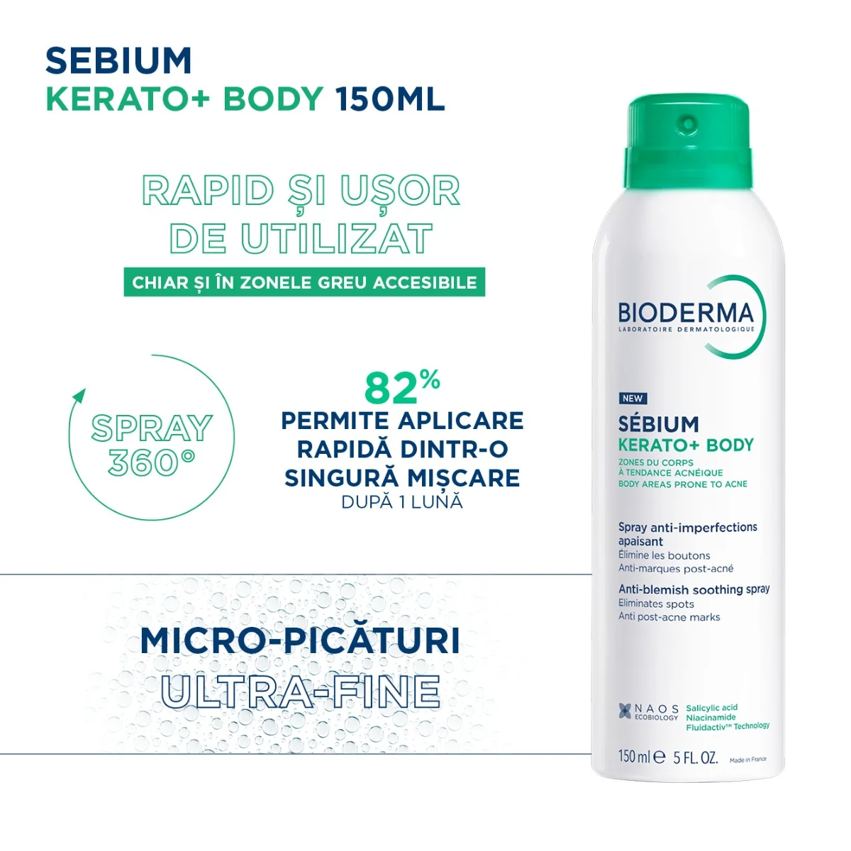 Spray de corp calmant anti-imperfectiuni Kerato+ Sebium, 150ml, Bioderma