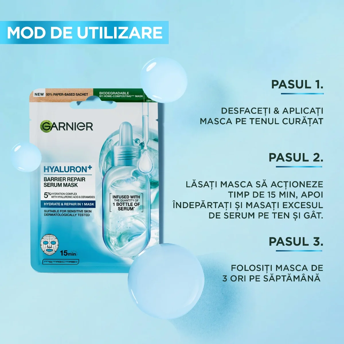 Masca servetel cu efect de hidratare Hyaluron Barrier Repair, 28g, Garnier