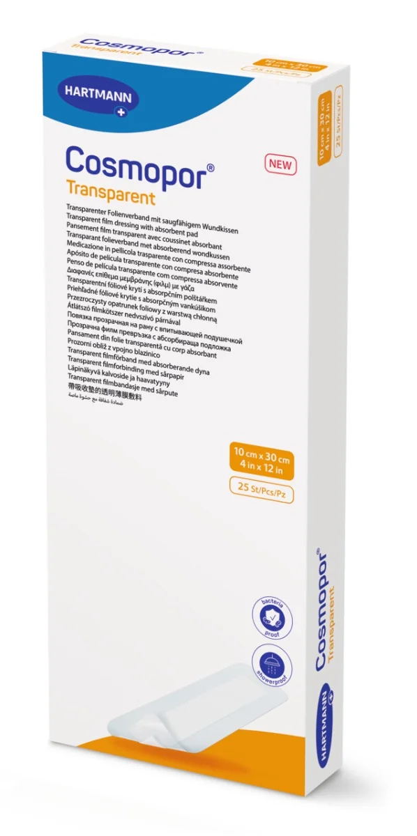 Plasture transparent cu compresa sterila Cosmopor Transparent 10 cm x 30cm, 25 bucati, Hartmann