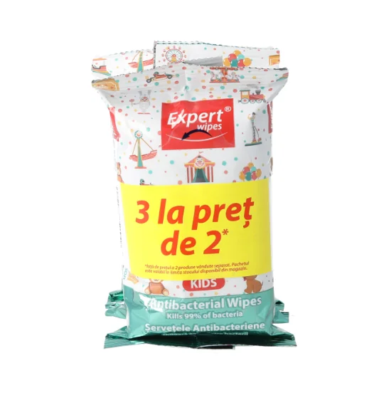 Pachet 3 la pret de 2 Servetele antibacteriene pentru copii, 15 bucati, Expert Wipes
