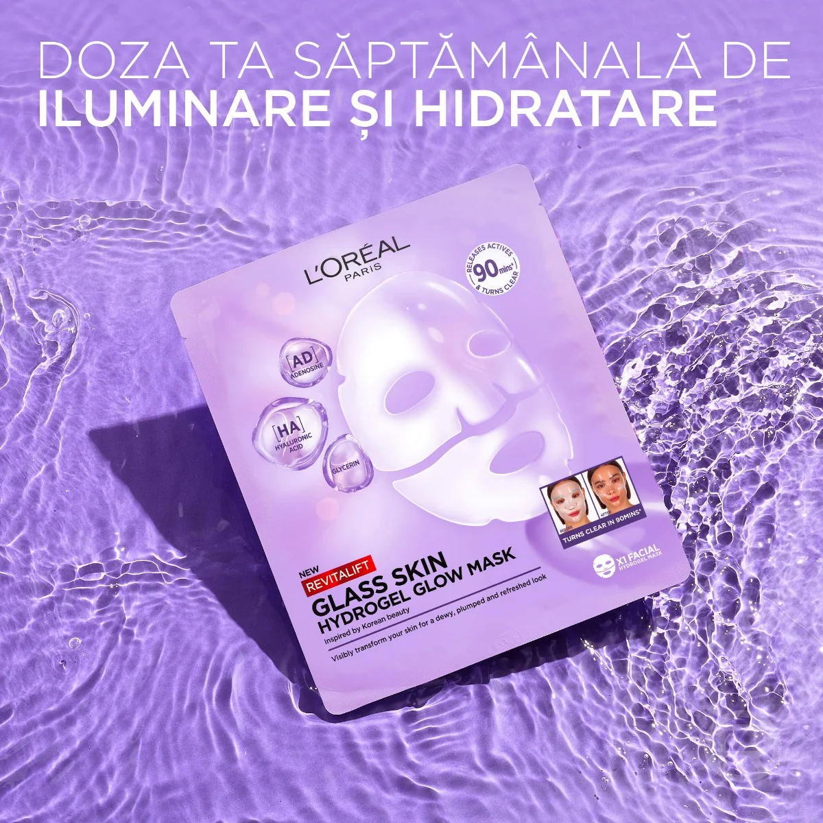 Masca hidrogel pentru iluminare Revitalift Glass Skin, 25g, L'Oreal Paris